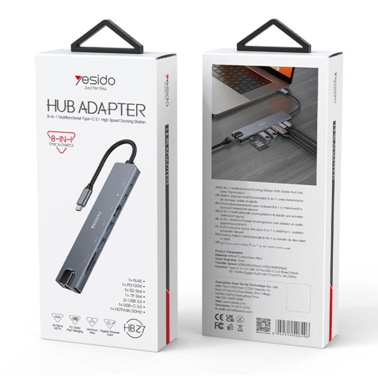 Yesido HB27 8 in 1 Type-C 3.1 Multifunctional HUB Adapter Docking Station(Dark Grey) - USB HUB by Yesido | Online Shopping UK | buy2fix