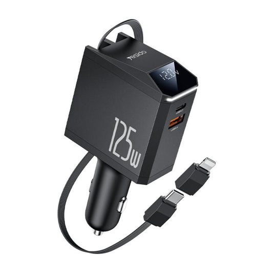 Yesido Y71 125W Type-C + 8 Pin Retractable Cable 3 in 1 Car Charger(Black) - Car Charger by Yesido | Online Shopping UK | buy2fix