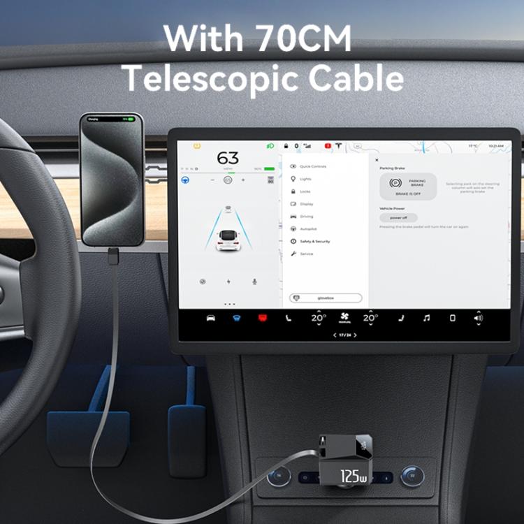 Yesido Y71 125W Type-C + 8 Pin Retractable Cable 3 in 1 Car Charger(Black) - Car Charger by Yesido | Online Shopping UK | buy2fix