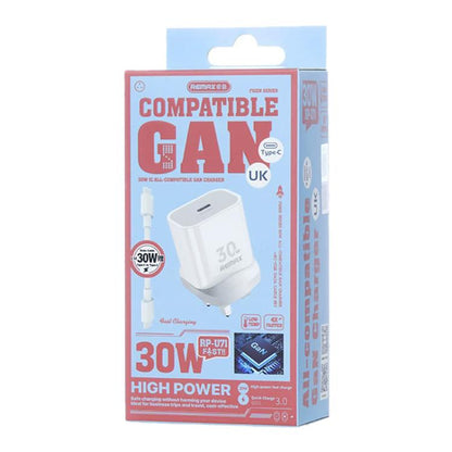 REMAX RP-U71 30W Type-C All-compatible GaN Charger with Data Cable, Plug:UK Plug(White) - USB Charger by REMAX | Online Shopping UK | buy2fix