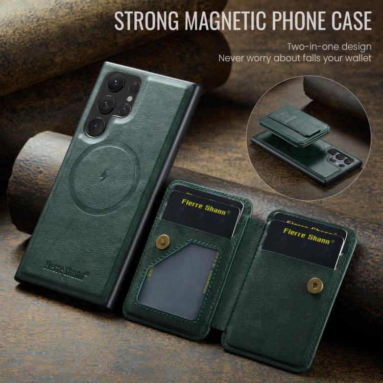 For Samsung Galaxy S25 Ultra 5G Fierre Shann FS028 MagSafe RFID Card Holder Back Phone Case(Green) - Galaxy S25 Ultra 5G Cases by FIERRE SHANN | Online Shopping UK | buy2fix