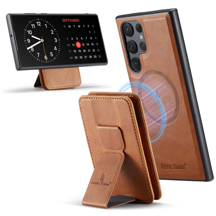 For Samsung Galaxy S25 Ultra 5G Fierre Shann FS028 MagSafe RFID Card Holder Back Phone Case(Brown) - Galaxy S25 Ultra 5G Cases by FIERRE SHANN | Online Shopping UK | buy2fix