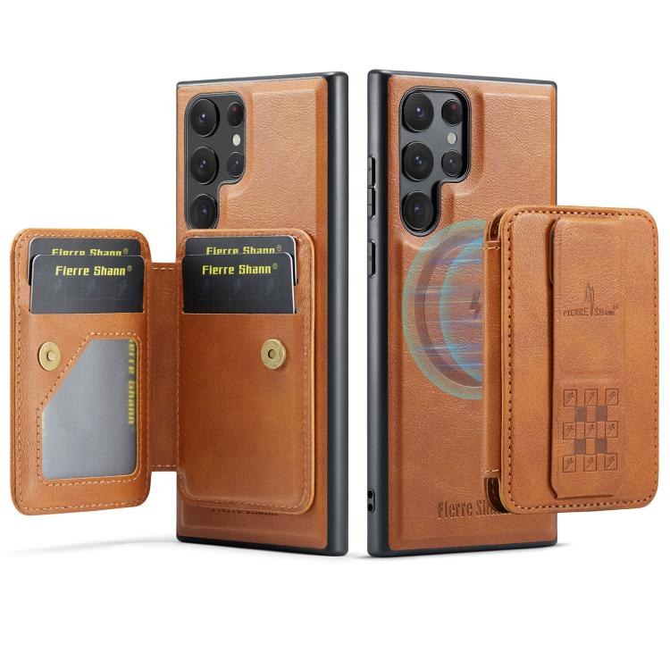For Samsung Galaxy S25 Ultra 5G Fierre Shann FS028 MagSafe RFID Card Holder Back Phone Case(Brown) - Galaxy S25 Ultra 5G Cases by FIERRE SHANN | Online Shopping UK | buy2fix