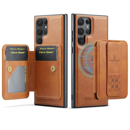 For Samsung Galaxy S25 Ultra 5G Fierre Shann FS028 MagSafe RFID Card Holder Back Phone Case(Brown) - Galaxy S25 Ultra 5G Cases by FIERRE SHANN | Online Shopping UK | buy2fix