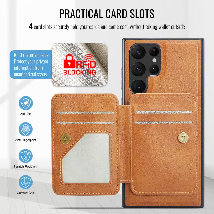 For Samsung Galaxy S25 Ultra 5G Fierre Shann FS028 MagSafe RFID Card Holder Back Phone Case(Brown) - Galaxy S25 Ultra 5G Cases by FIERRE SHANN | Online Shopping UK | buy2fix