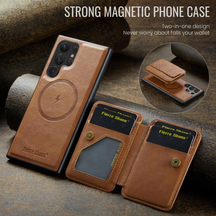 For Samsung Galaxy S25 Ultra 5G Fierre Shann FS028 MagSafe RFID Card Holder Back Phone Case(Brown) - Galaxy S25 Ultra 5G Cases by FIERRE SHANN | Online Shopping UK | buy2fix