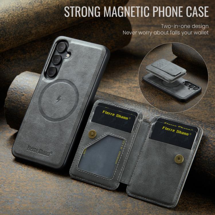 For Samsung Galaxy S25+ 5G Fierre Shann FS028 MagSafe RFID Card Holder Back Phone Case(Grey) - Galaxy S25+ 5G Cases by FIERRE SHANN | Online Shopping UK | buy2fix