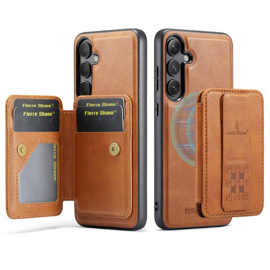 For Samsung Galaxy S25+ 5G Fierre Shann FS028 MagSafe RFID Card Holder Back Phone Case(Brown) - Galaxy S25+ 5G Cases by FIERRE SHANN | Online Shopping UK | buy2fix
