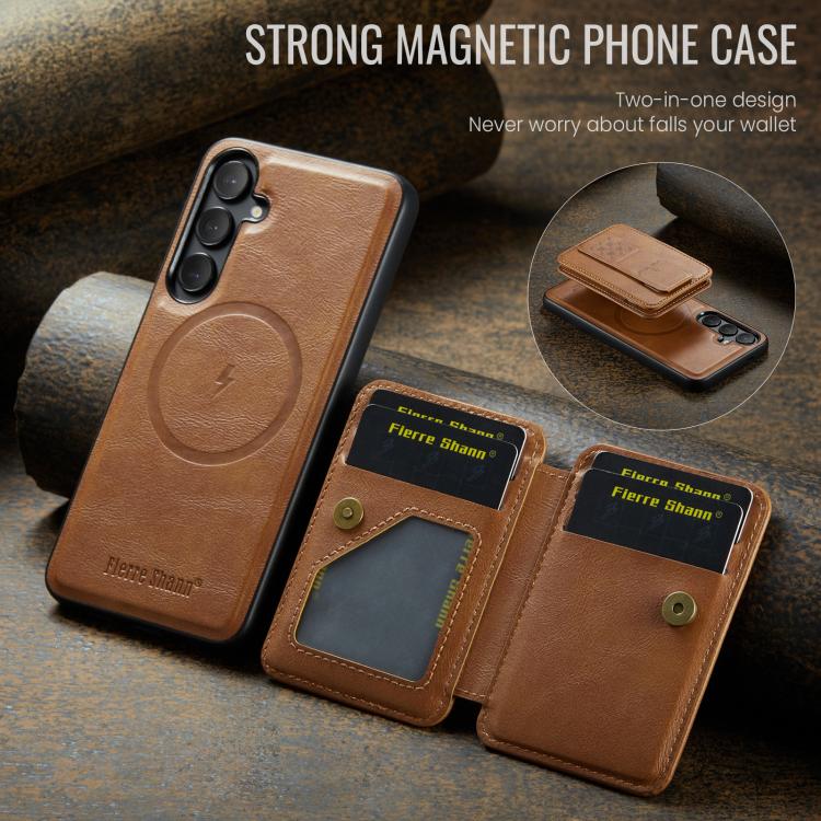 For Samsung Galaxy S25+ 5G Fierre Shann FS028 MagSafe RFID Card Holder Back Phone Case(Brown) - Galaxy S25+ 5G Cases by FIERRE SHANN | Online Shopping UK | buy2fix