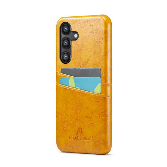 For Samsung Galaxy S25 5G Fierre Shann Retro Oil Wax Texture Card Slots PU Leather Phone Case(Yellow)