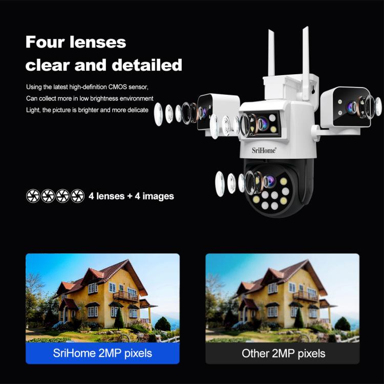 SriHome SH066 8MP HD Quad Lens Security Camera, Support Full Color Night Vision / Two-way Audio(AU Plug) - Wireless Camera by SriHome | Online Shopping UK | buy2fix