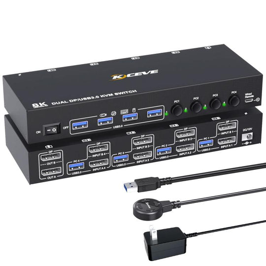 KC-KVM402DP 8K 30Hz 4 Input 2 Output DP / USB3.0 Dual Monitor KVM Switch, AU Plug