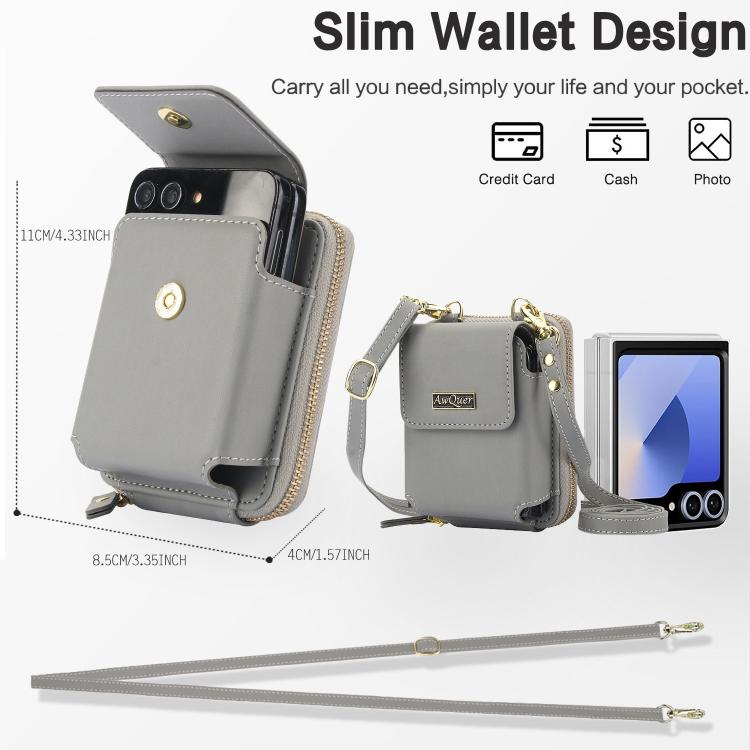 For Samsung Galaxy Z Flip6 /5 /4 /3 AwQuer AW005 Crossbody Folding Phone Leather Bag(Grey) - Galaxy Z Flip6 5G Cases by Awquer | Online Shopping UK | buy2fix