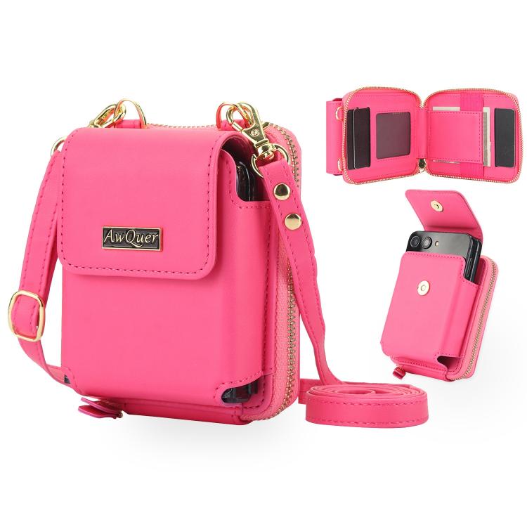 For Samsung Galaxy Z Flip6 /5 /4 /3 AwQuer AW005 Crossbody Folding Phone Leather Bag(Rose Red) - Galaxy Z Flip6 5G Cases by Awquer | Online Shopping UK | buy2fix