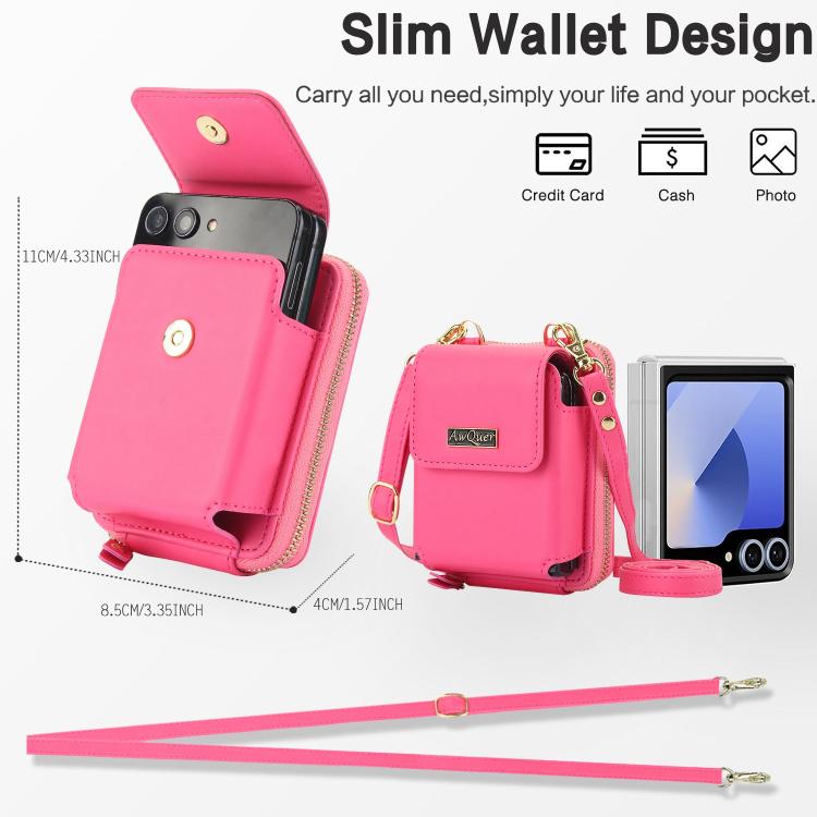 For Samsung Galaxy Z Flip6 /5 /4 /3 AwQuer AW005 Crossbody Folding Phone Leather Bag(Rose Red) - Galaxy Z Flip6 5G Cases by Awquer | Online Shopping UK | buy2fix