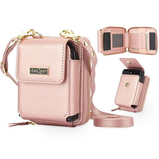For Samsung Galaxy Z Flip6 /5 /4 /3 AwQuer AW005 Crossbody Folding Phone Leather Bag(Rose Gold) - Galaxy Z Flip6 5G Cases by Awquer | Online Shopping UK | buy2fix
