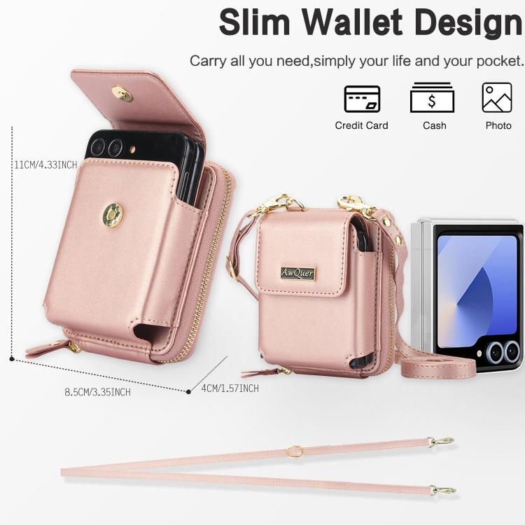 For Samsung Galaxy Z Flip6 /5 /4 /3 AwQuer AW005 Crossbody Folding Phone Leather Bag(Rose Gold) - Galaxy Z Flip6 5G Cases by Awquer | Online Shopping UK | buy2fix