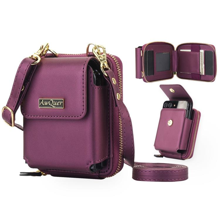For Samsung Galaxy Z Flip7 /7 FE /6 /5 AwQuer AW005 Crossbody Folding Phone Leather Bag(Dark Purple) - Galaxy Phone Cases by Awquer | Online Shopping UK | buy2fix