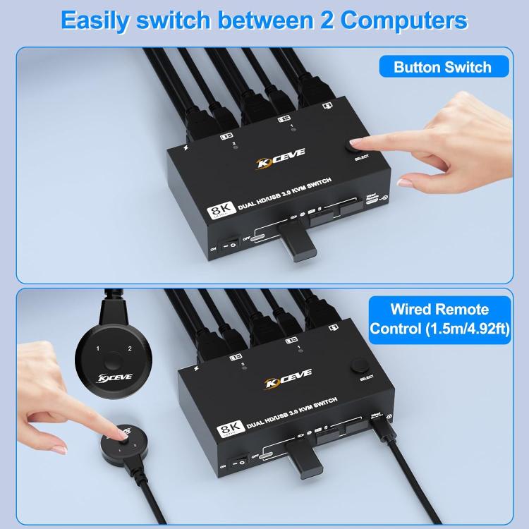 KC-KVM8202 8K 60Hz USB3.0 / HDMI 2-Port Dual Monitor KVM Switch, US Plug - Switch by buy2fix | Online Shopping UK | buy2fix