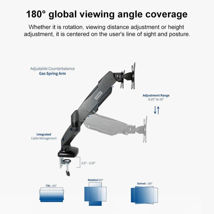 Lenovo Thinkplus ZJA1 Clip-on Desktop Dual-Arm Monitor Holder(Black) - Laptop Stand by Lenovo | Online Shopping UK | buy2fix