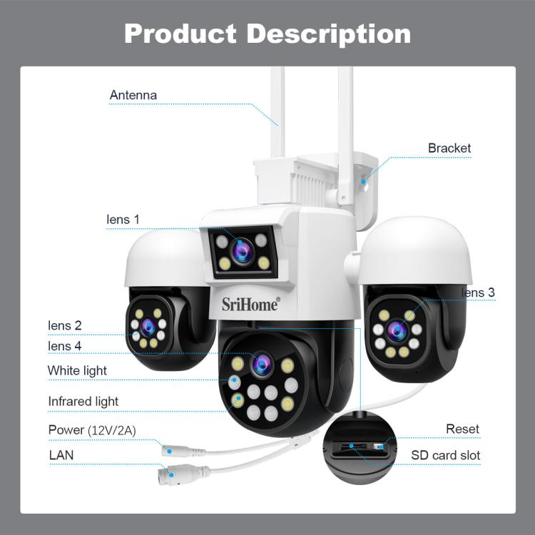 SriHome SH069 8MP 3X Digital Zoom HD Quad-lens Security Camera, Plug:UK Plug - Wireless Camera by SriHome | Online Shopping UK | buy2fix