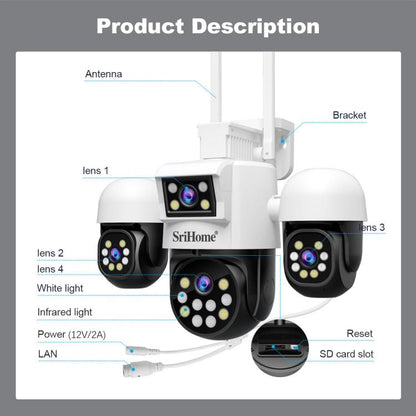 SriHome SH069 8MP 3X Digital Zoom HD Quad-lens Security Camera, Plug:EU Plug - Wireless Camera by SriHome | Online Shopping UK | buy2fix