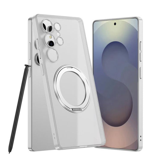 For Samsung Galaxy S24 Ultra 5G Frosted Skin-feel Magnetic Rotating Holder Phone Case, Not Included Pen(Silver)