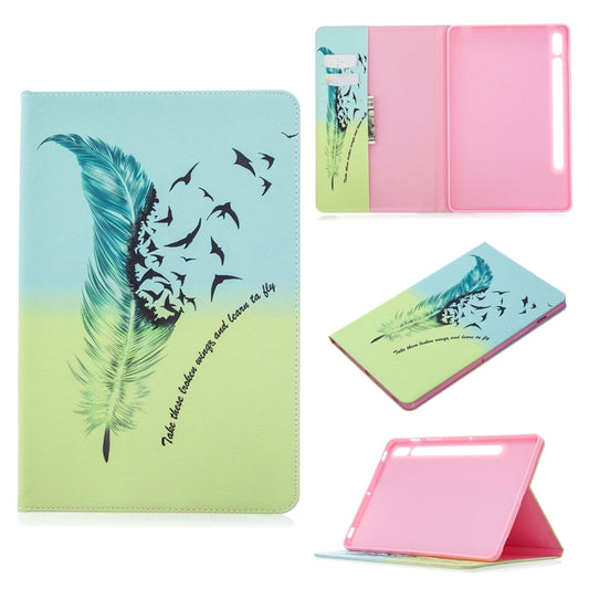 For Samsung Galaxy Tab S8 / Galaxy Tab S7 T870 Colored Drawing Pattern Horizontal Flip Leather Case with Holder & Card Slots & Wallet(Feather Bird) by buy2fix