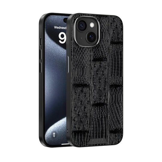 For iPhone 14 ABEEL Beast Pattern 6D Micro-Embossed MagSafe Genuine Leather Phone Case(Black)