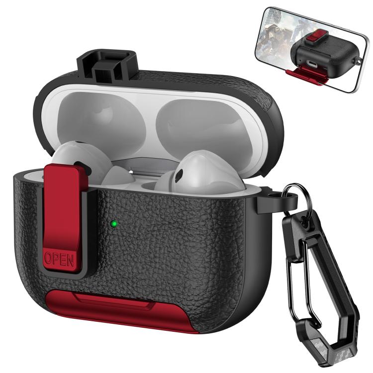 For AirPods Pro Leather Texture Wireless Earphones Case with Hook & Holder(Black Red) - For AirPods Pro by buy2fix | Online Shopping UK | buy2fix