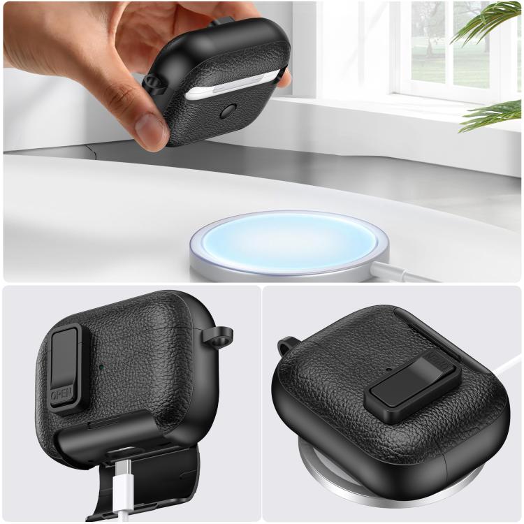 For AirPods Pro Leather Texture Wireless Earphones Case with Hook & Holder(Black Red) - For AirPods Pro by buy2fix | Online Shopping UK | buy2fix