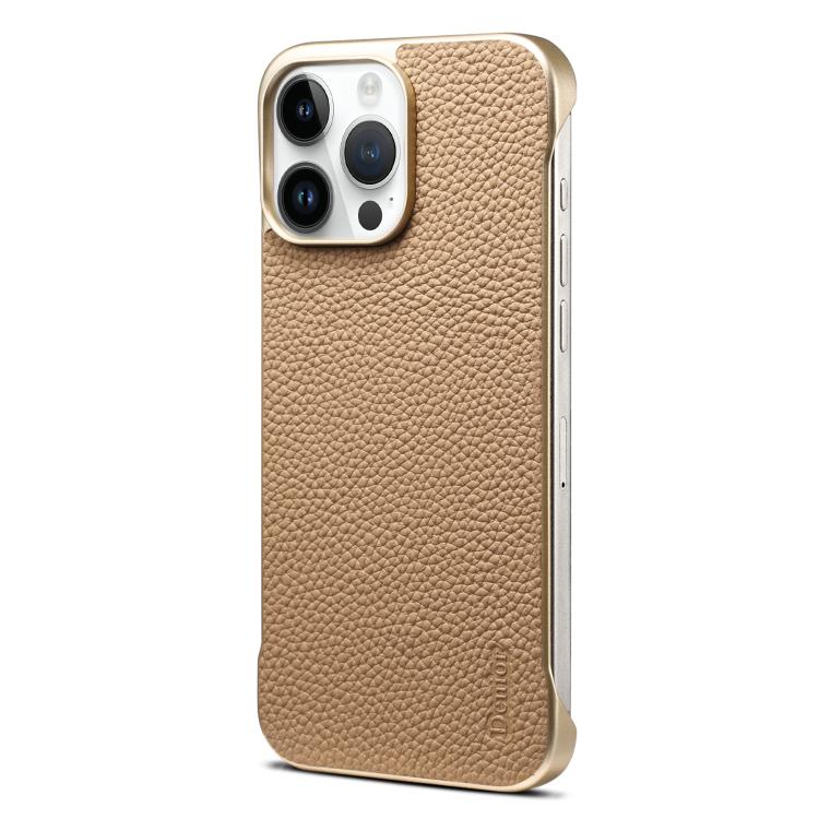 For iPhone 14 Pro Denior A20 Genuine Leather Litchi Texture MagSafe Frameless Phone Case(Khaki) - iPhone 14 Pro Cases by Denior | Online Shopping UK | buy2fix