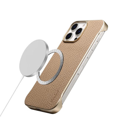 For iPhone 14 Pro Denior A20 Genuine Leather Litchi Texture MagSafe Frameless Phone Case(Khaki) - iPhone 14 Pro Cases by Denior | Online Shopping UK | buy2fix