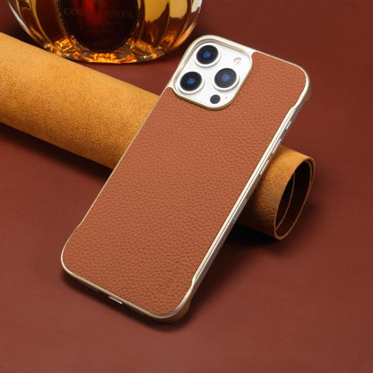 For iPhone 14 Pro Max Denior A20 Genuine Leather Litchi Texture MagSafe Frameless Phone Case(Brown) - iPhone 14 Pro Max Cases by Denior | Online Shopping UK | buy2fix