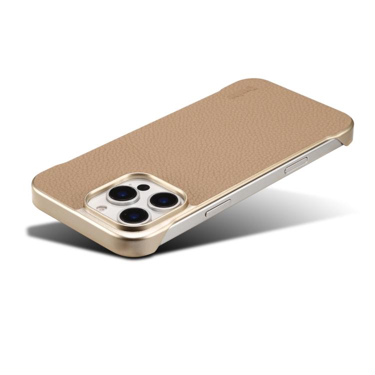 For iPhone 15 Pro Denior A20 Genuine Leather Litchi Texture MagSafe Frameless Phone Case(Khaki) - iPhone 15 Pro Cases by Denior | Online Shopping UK | buy2fix