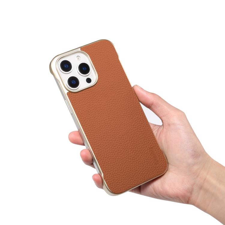 For iPhone 15 Pro Max Denior A20 Genuine Leather Litchi Texture MagSafe Frameless Phone Case(Brown) - iPhone 15 Pro Max Cases by Denior | Online Shopping UK | buy2fix