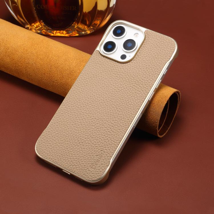 For iPhone 16 Denior A20 Genuine Leather Litchi Texture MagSafe Frameless Phone Case(Khaki) - iPhone 16 Cases by Denior | Online Shopping UK | buy2fix