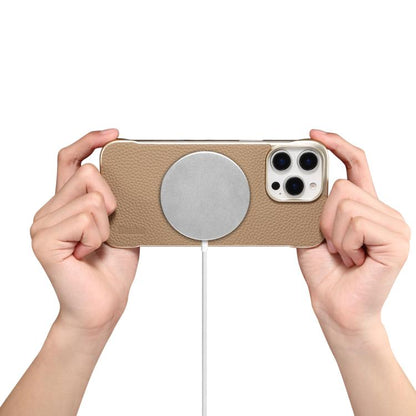 For iPhone 16 Plus Denior A20 Genuine Leather Litchi Texture MagSafe Frameless Phone Case(Khaki) - iPhone 16 Plus Cases by Denior | Online Shopping UK | buy2fix