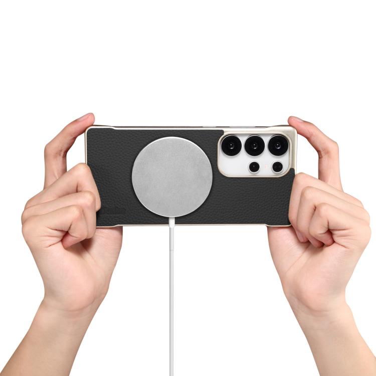 For Samsung Galaxy S25+ 5G Denior A20 Genuine Leather Litchi Texture MagSafe Frameless Phone Case(Black) - Galaxy S25+ 5G Cases by Denior | Online Shopping UK | buy2fix