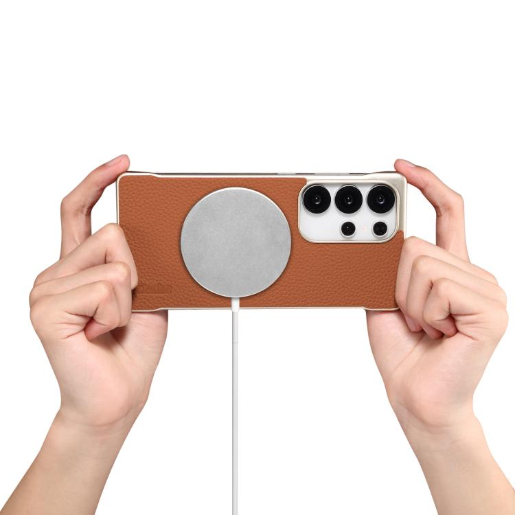 For Samsung Galaxy S25+ 5G Denior A20 Genuine Leather Litchi Texture MagSafe Frameless Phone Case(Brown) - Galaxy S25+ 5G Cases by Denior | Online Shopping UK | buy2fix