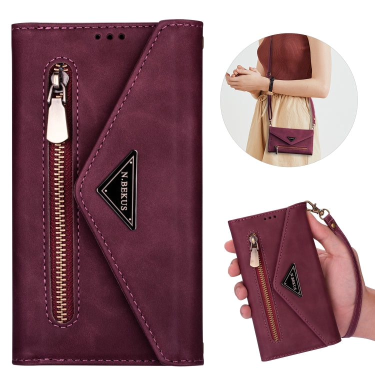 For iPhone 6 Plus Skin Feel Zipper Horizontal Flip Leather Case with Holder & Card Slots & Photo Frame & Lanyard & Long Rope(Wine Red) - More iPhone Cases by buy2fix | Online Shopping UK | buy2fix