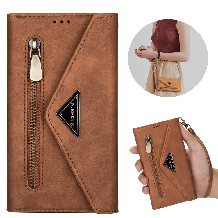 For iPhone 7 / 8 / SE (2020) Skin Feel Zipper Horizontal Flip Leather Case with Holder & Card Slots & Photo Frame & Lanyard & Long Rope(Brown) - More iPhone Cases by buy2fix | Online Shopping UK | buy2fix