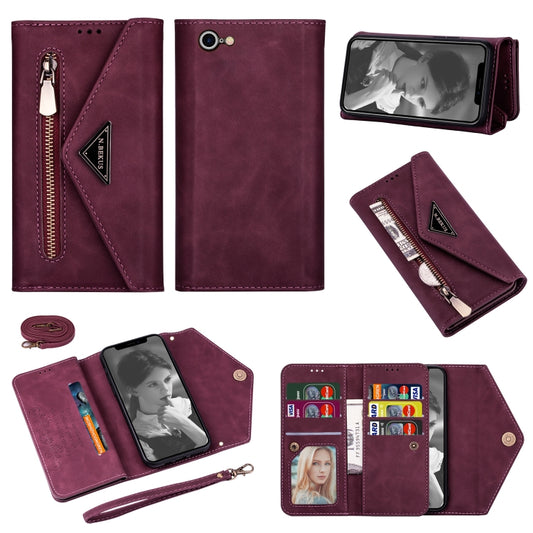 For iPhone 7 / 8 / SE (2020) Skin Feel Zipper Horizontal Flip Leather Case with Holder & Card Slots & Photo Frame & Lanyard & Long Rope(Wine Red) - More iPhone Cases by buy2fix | Online Shopping UK | buy2fix