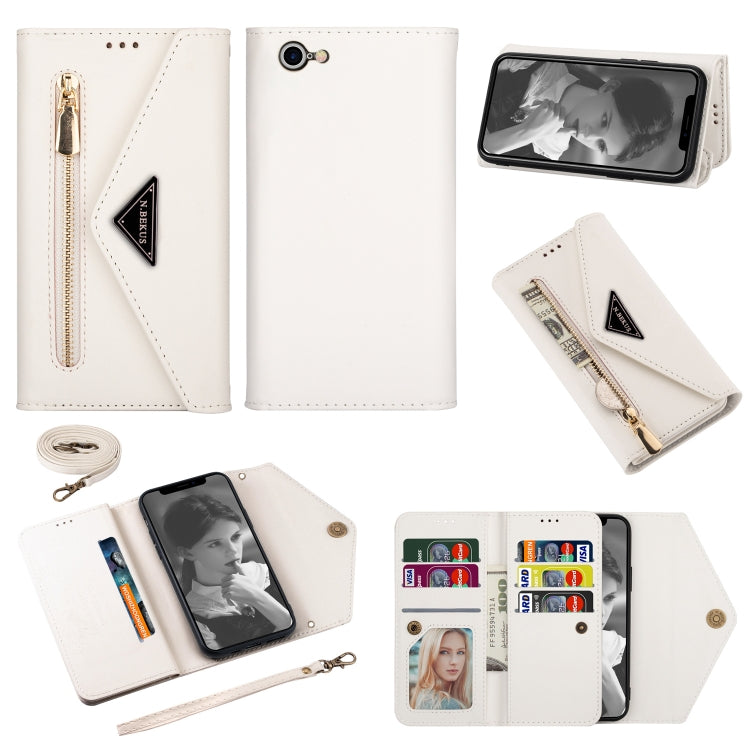 For iPhone 7 / 8 / SE (2020) Skin Feel Zipper Horizontal Flip Leather Case with Holder & Card Slots & Photo Frame & Lanyard & Long Rope(White) - More iPhone Cases by buy2fix | Online Shopping UK | buy2fix