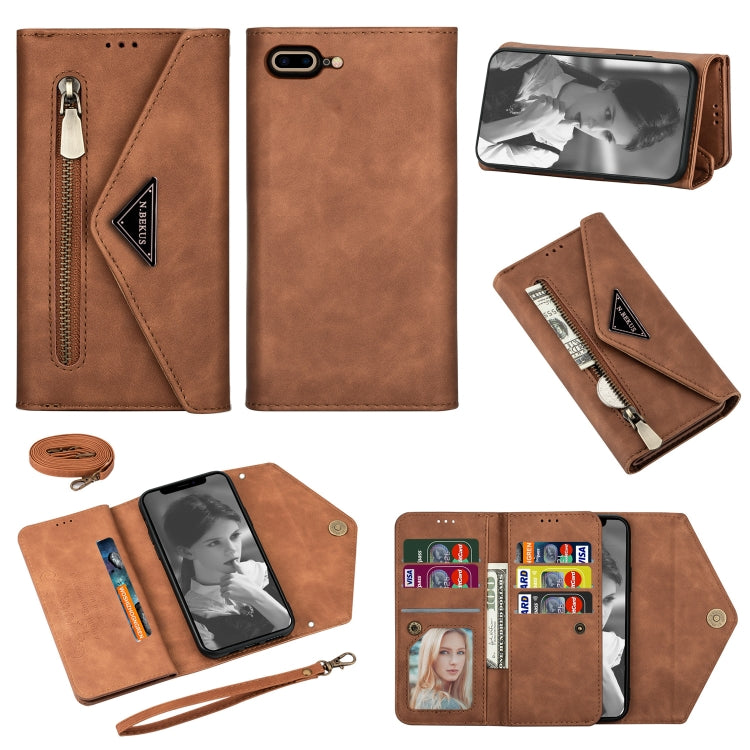 For iPhone 7 Plus / 8 Plus Skin Feel Zipper Horizontal Flip Leather Case with Holder & Card Slots & Photo Frame & Lanyard & Long Rope(Brown) - More iPhone Cases by buy2fix | Online Shopping UK | buy2fix