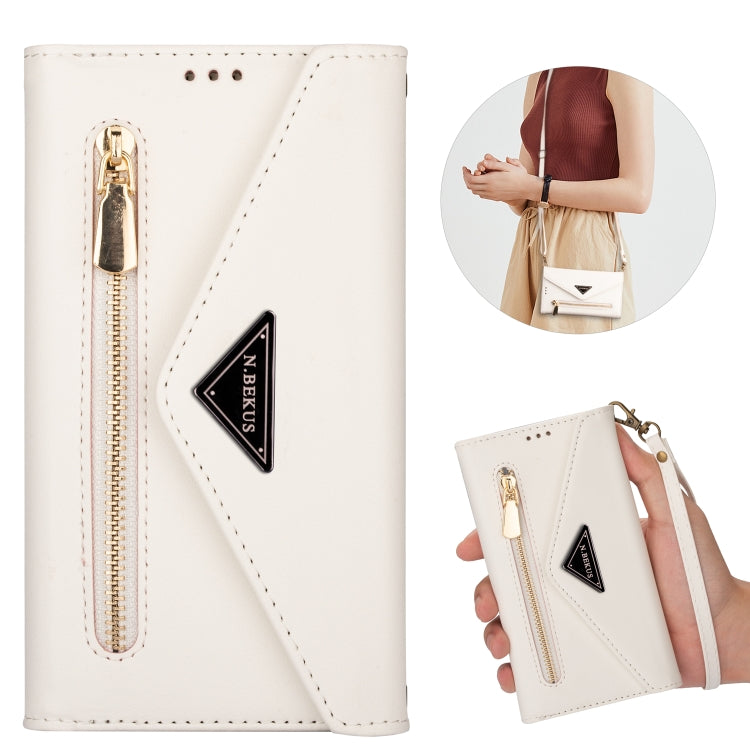 For iPhone 7 Plus / 8 Plus Skin Feel Zipper Horizontal Flip Leather Case with Holder & Card Slots & Photo Frame & Lanyard & Long Rope(White) - More iPhone Cases by buy2fix | Online Shopping UK | buy2fix