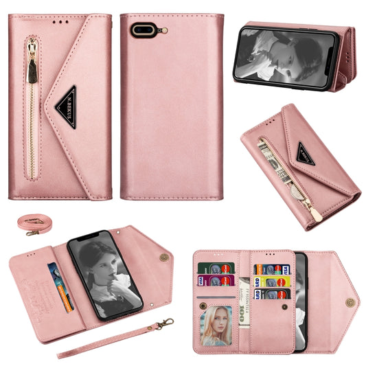 For iPhone 7 Plus / 8 Plus Skin Feel Zipper Horizontal Flip Leather Case with Holder & Card Slots & Photo Frame & Lanyard & Long Rope(Rose Gold) - More iPhone Cases by buy2fix | Online Shopping UK | buy2fix