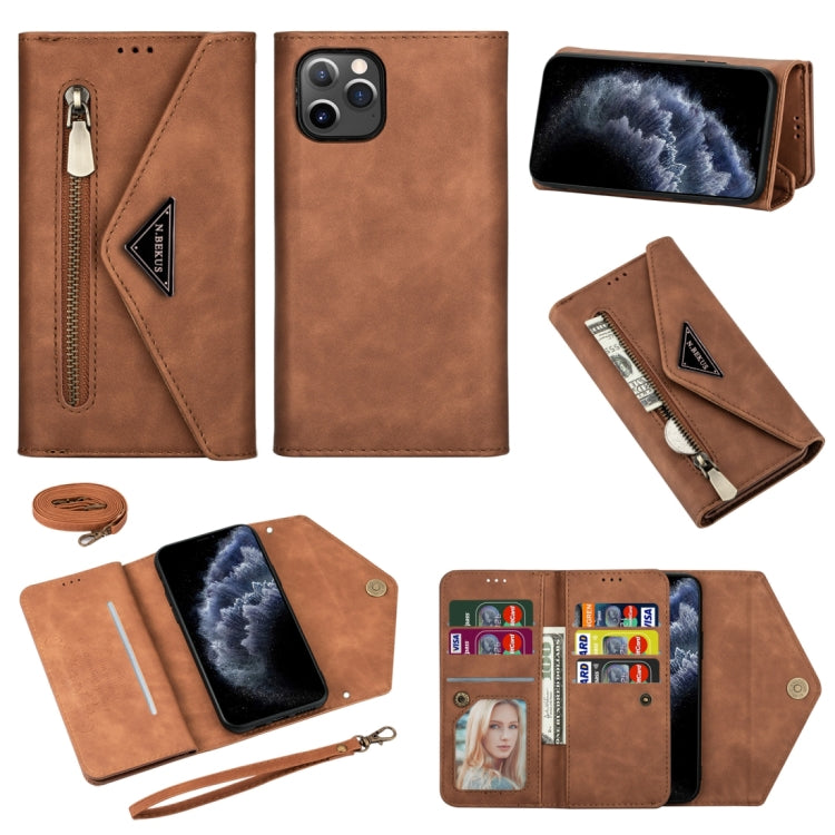 For iPhone 11 Pro Skin Feel Zipper Horizontal Flip Leather Case with Holder & Card Slots & Photo Frame & Lanyard & Long Rope(Brown) - iPhone 11 Pro Cases by buy2fix | Online Shopping UK | buy2fix