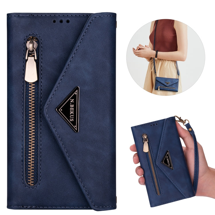 For iPhone XS / X Skin Feel Zipper Horizontal Flip Leather Case with Holder & Card Slots & Photo Frame & Lanyard & Long Rope(Blue) - More iPhone Cases by buy2fix | Online Shopping UK | buy2fix