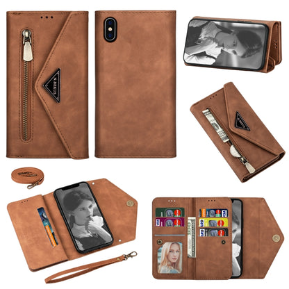 For iPhone XS / X Skin Feel Zipper Horizontal Flip Leather Case with Holder & Card Slots & Photo Frame & Lanyard & Long Rope(Brown) - More iPhone Cases by buy2fix | Online Shopping UK | buy2fix
